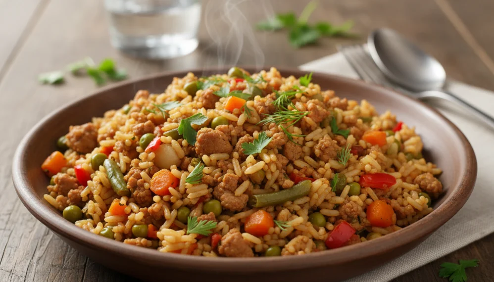Orez cu carne tocata de curcan si legume