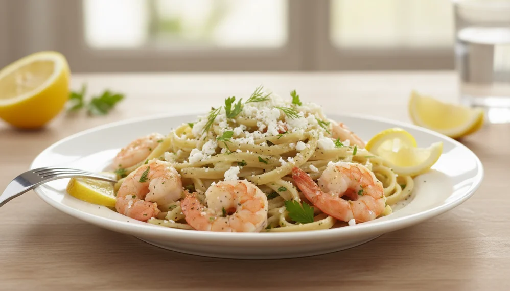 Paste cu creveti, branza degresata si lamaie