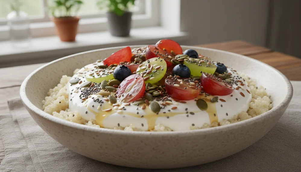 Quinoa cu iaurt, struguri si seminte