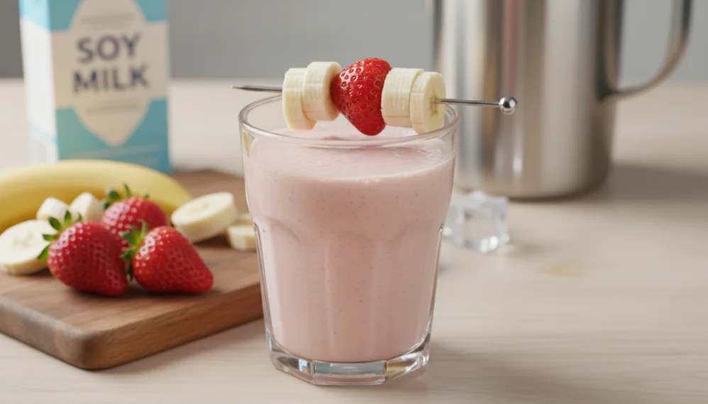 Smoothie cu lapte de soia, banane si capsune