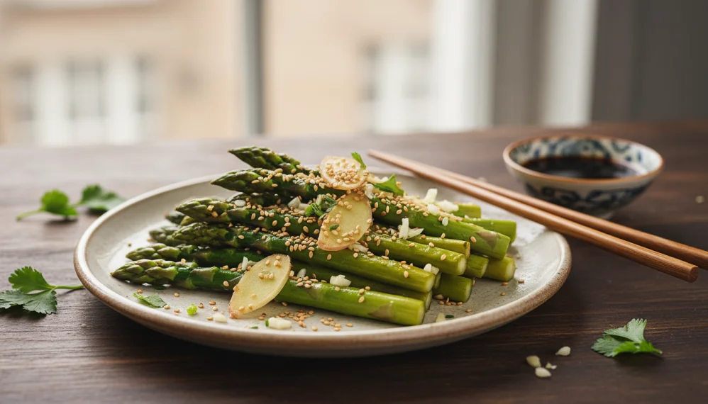 Sparanghel cu susan, ghimbir si usturoi